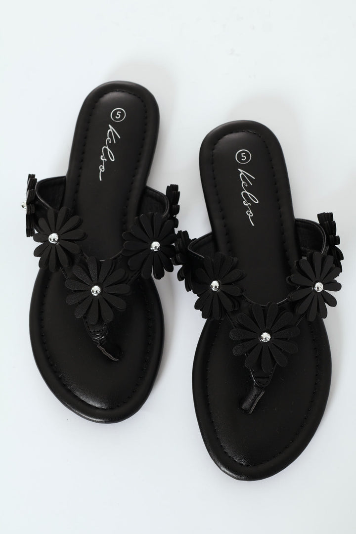 Thong With Daisy Trim - Black