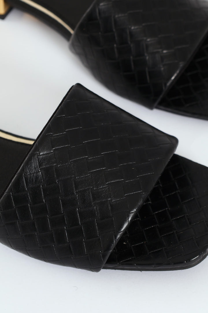 Weaved Single Band Mule Sandal On Low Block Heel - Black