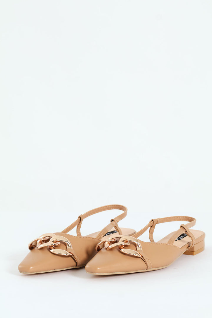 Square Toe Slingback Low Block With Chain Trim - Taupe