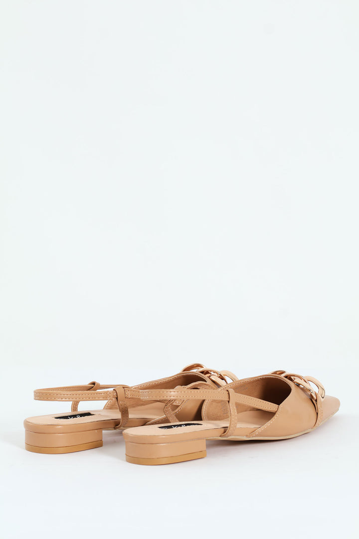 Square Toe Slingback Low Block With Chain Trim - Taupe