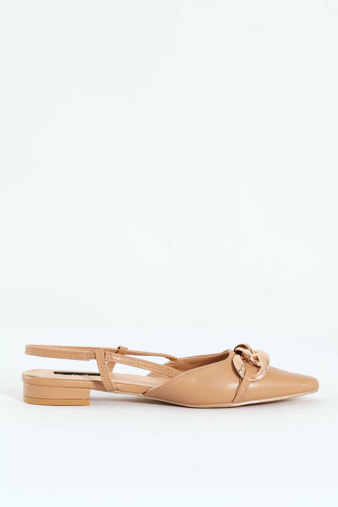 Square Toe Slingback Low Block With Chain Trim - Taupe