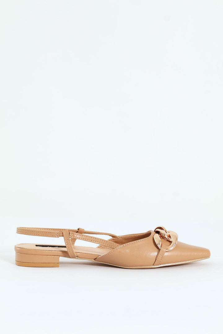 Square Toe Slingback Low Block With Chain Trim - Taupe