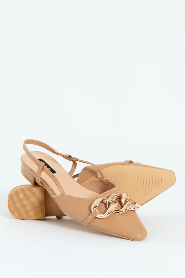 Square Toe Slingback Low Block With Chain Trim - Taupe