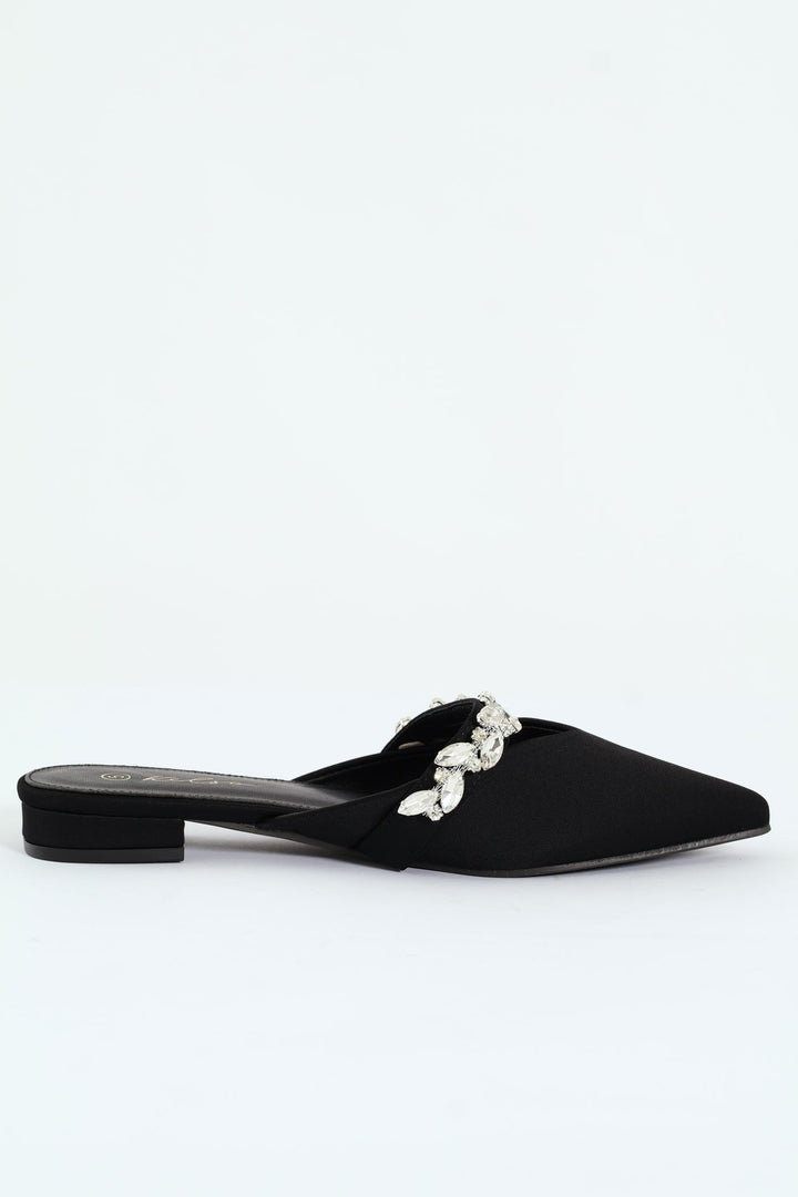V-Cut Push-In Pointy Pump With Embellished Strap - Black