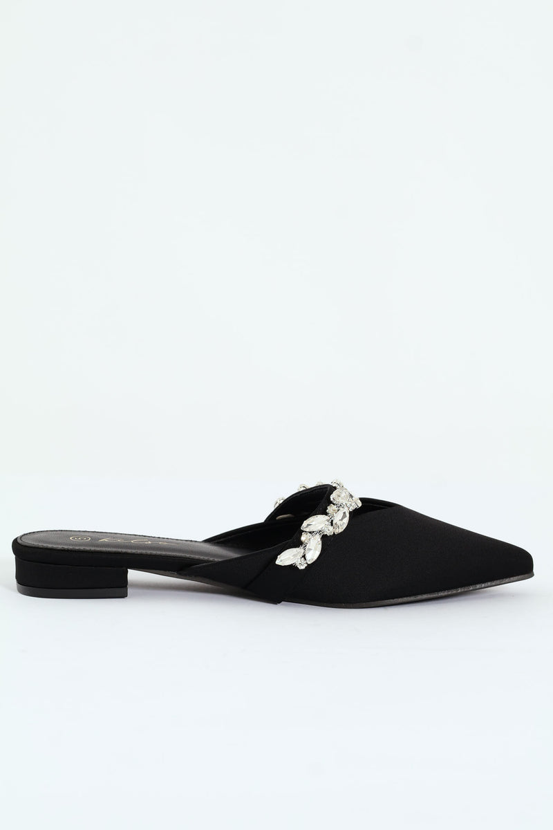 V-Cut Push-In Pointy Pump With Embellished Strap - Black