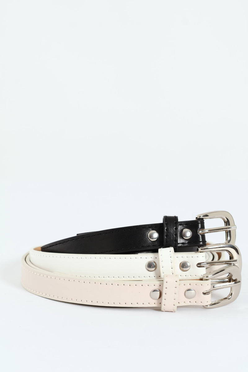 3 Pack Silver Buckle Belts - Multi