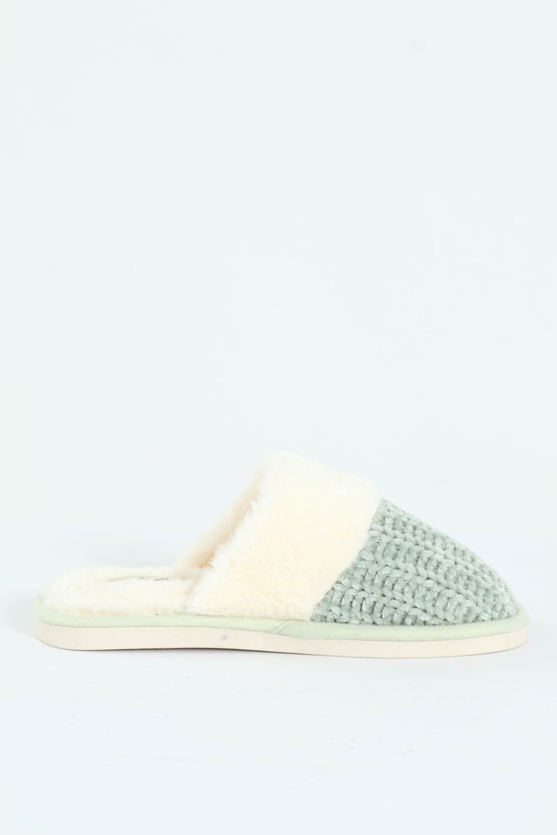 Chenille Closed Toe Slipper With Fur Topline - Sage