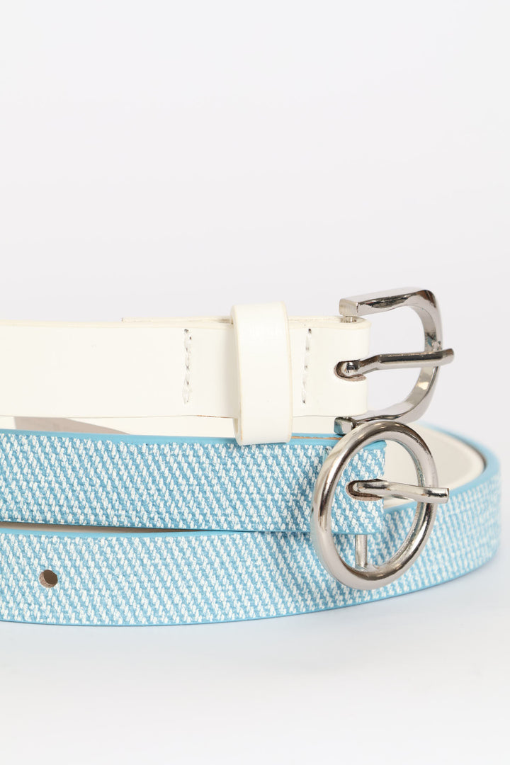 Girls 2 Pack Plain & Denim Daisy Buckle Belts - Multi
