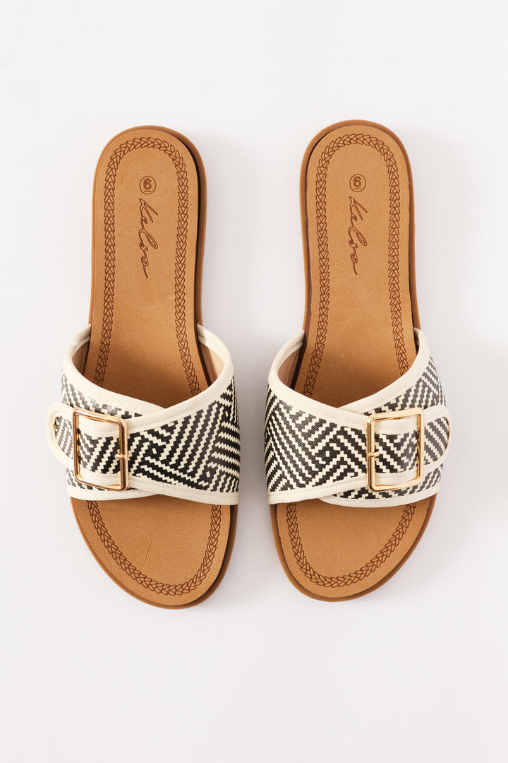 Single Band Buckle Detail Print Mule Sandal - Black/Beige