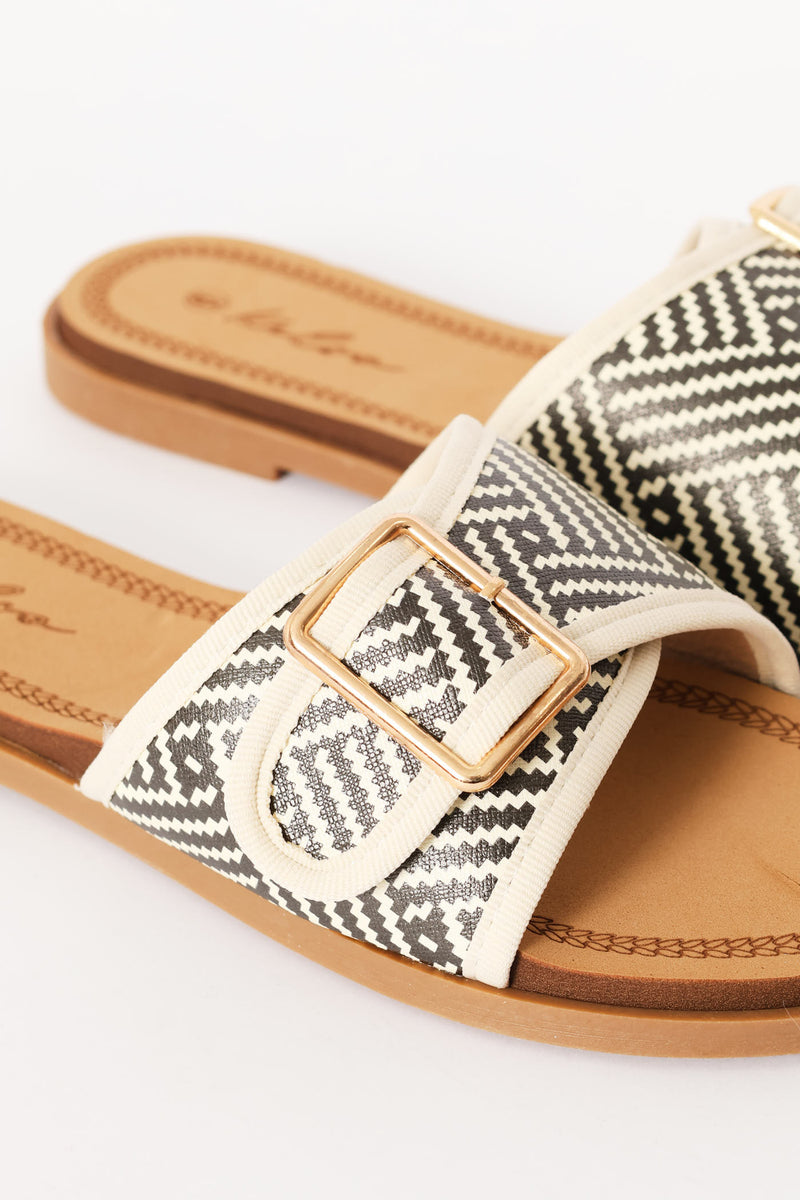 Single Band Buckle Detail Print Mule Sandal - Black/Beige