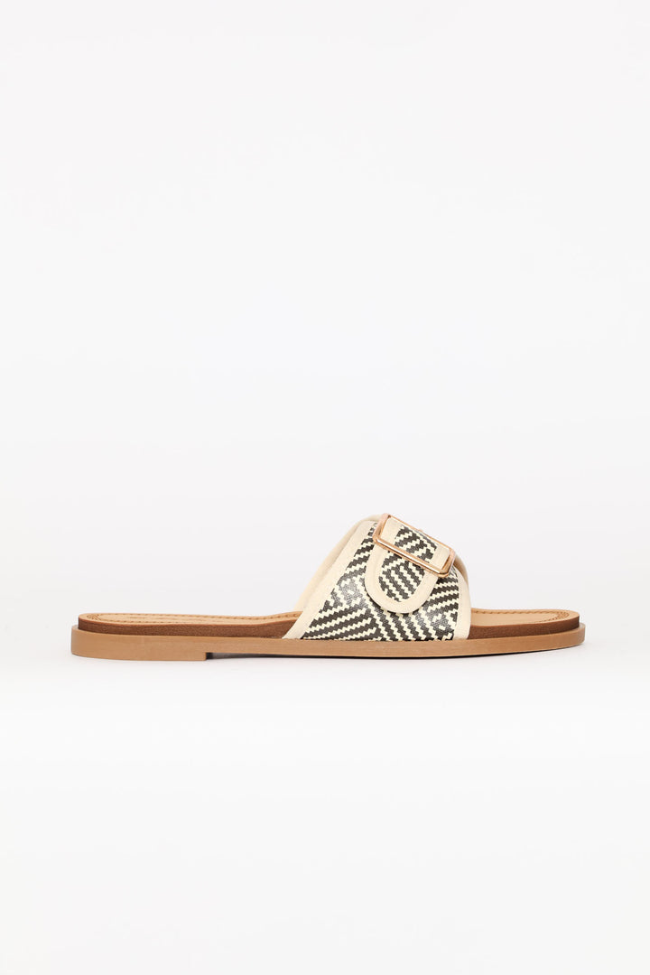 Single Band Buckle Detail Print Mule Sandal - Black/Beige