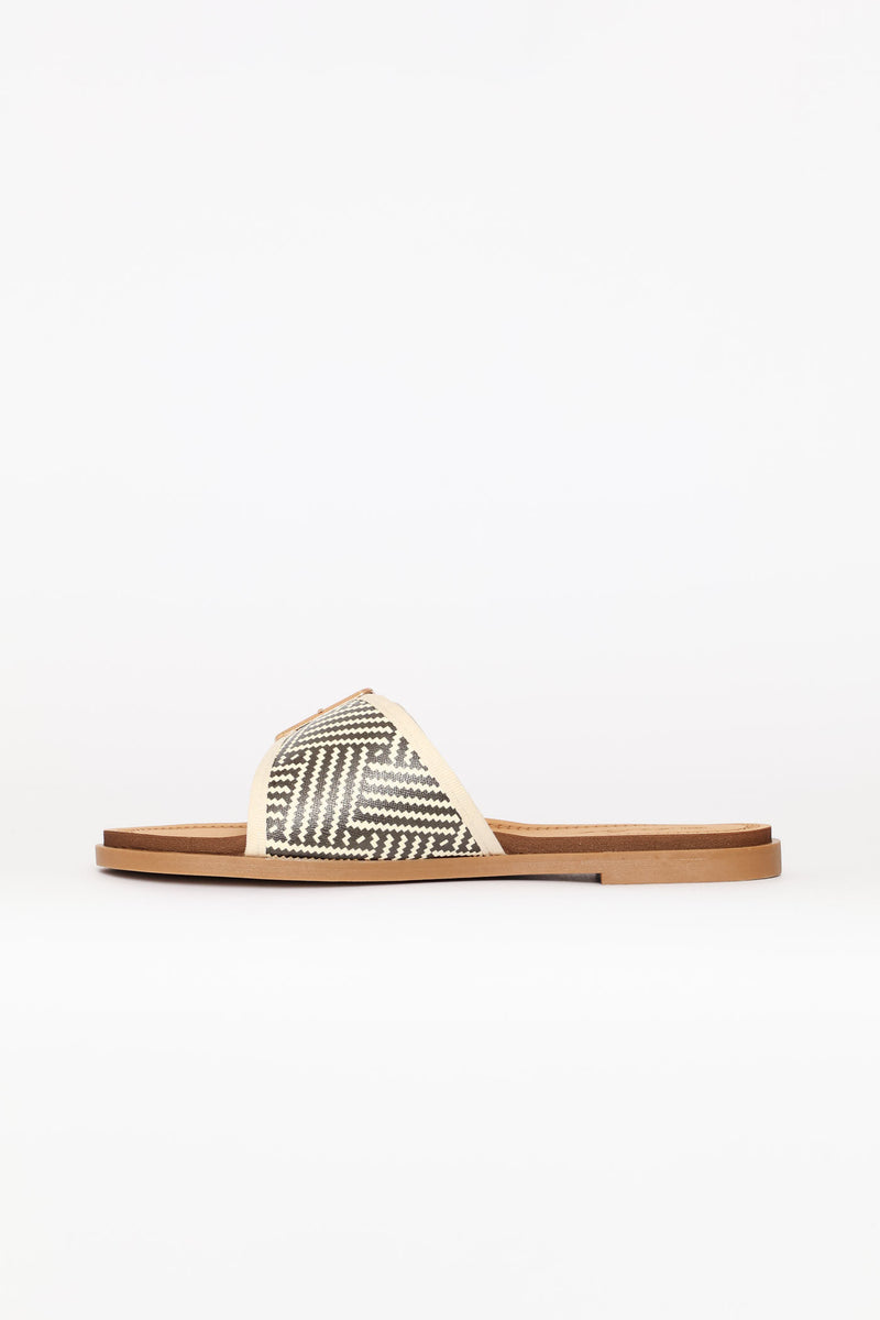 Single Band Buckle Detail Print Mule Sandal - Black/Beige