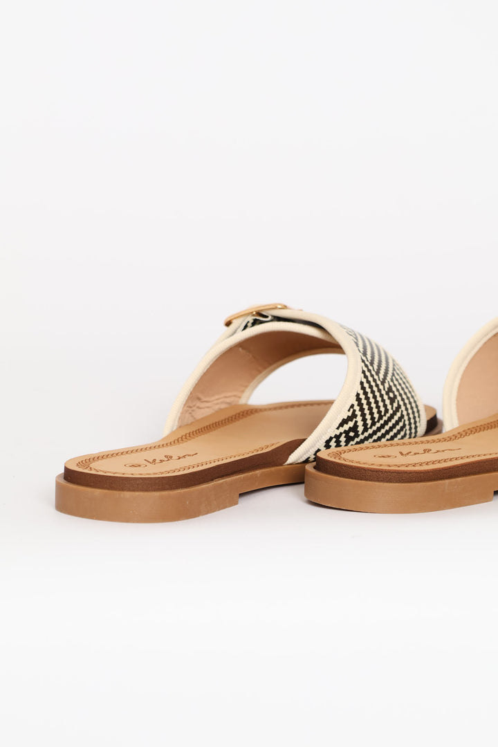 Single Band Buckle Detail Print Mule Sandal - Black/Beige