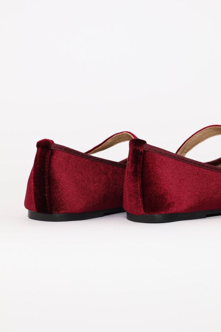 Girls Velour Pump - Burgundy