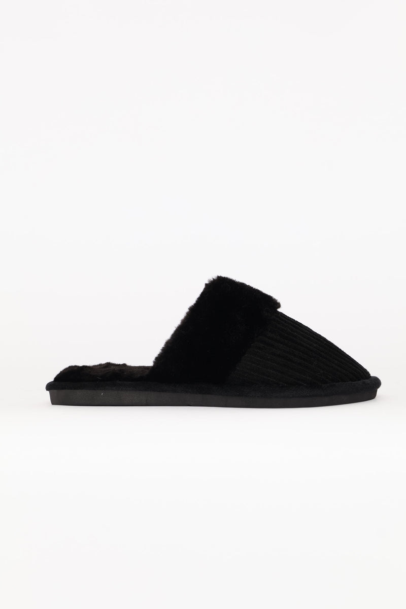 Ribbed Detail Plain Upper Slipper - Black