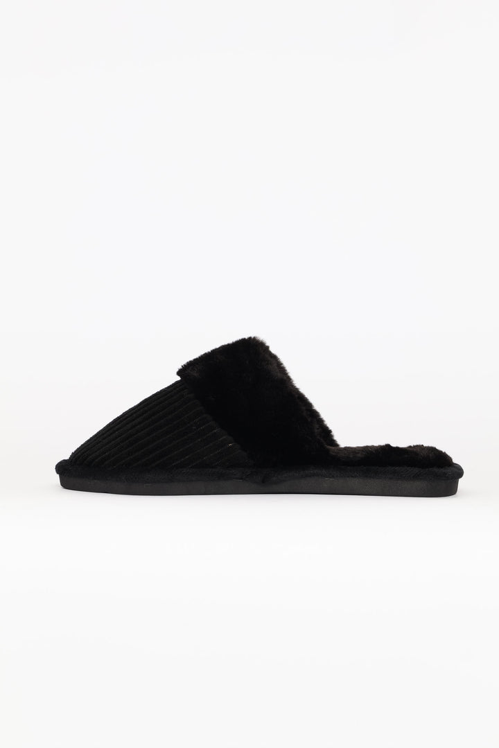 Ribbed Detail Plain Upper Slipper - Black