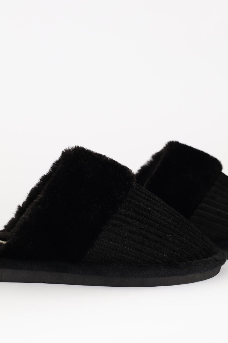 Ribbed Detail Plain Upper Slipper - Black