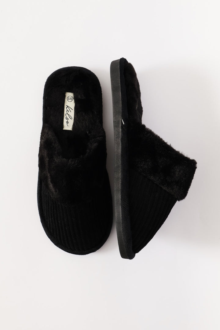 Ribbed Detail Plain Upper Slipper - Black