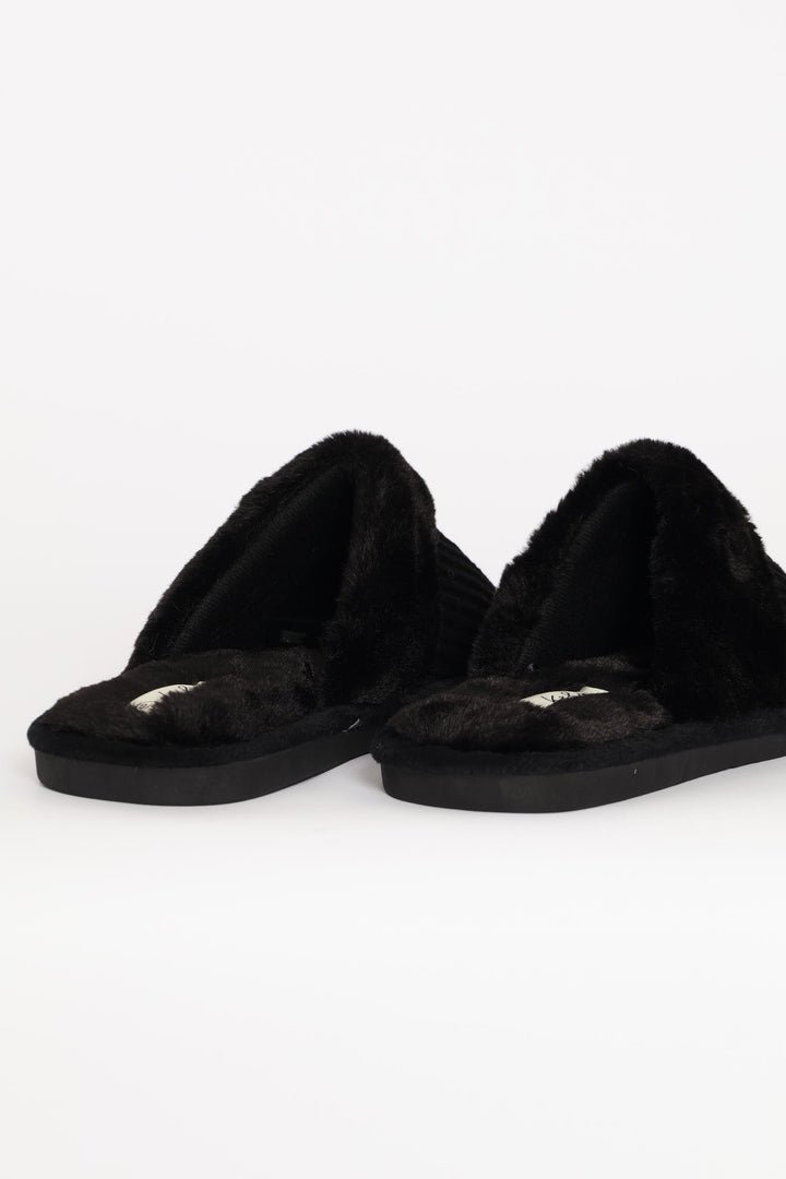 Ribbed Detail Plain Upper Slipper - Black