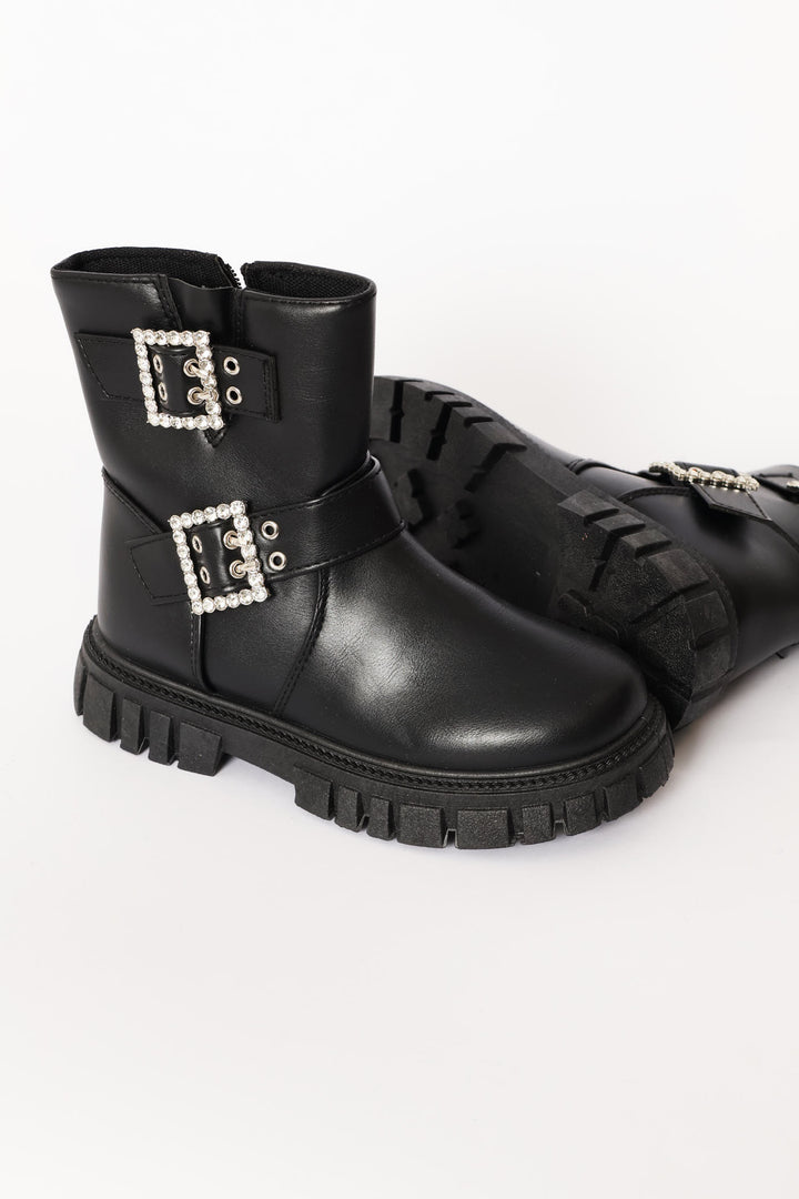 Girls Buckle Biker Boot - Black