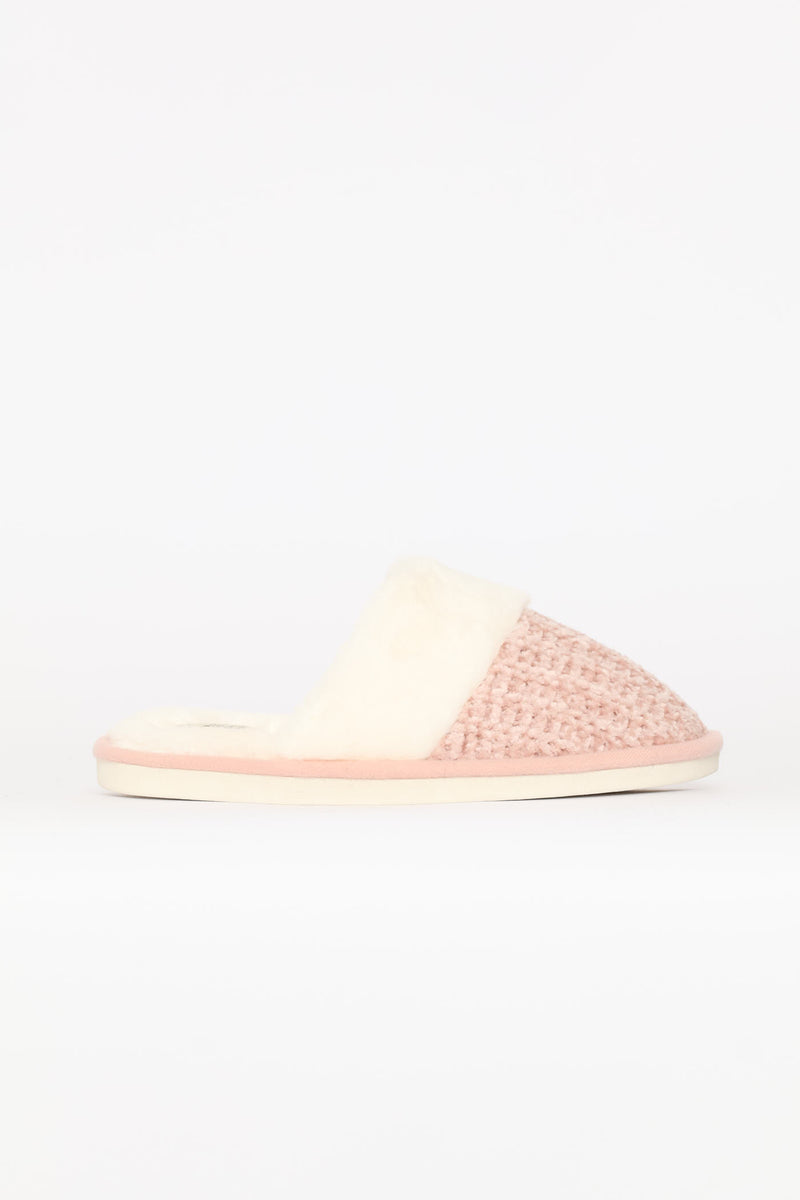 Chenille Closed Toe Slipper With Fur Topline - Blush