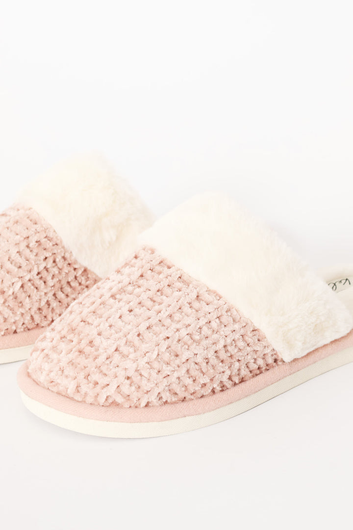 Chenille Closed Toe Slipper With Fur Topline - Blush
