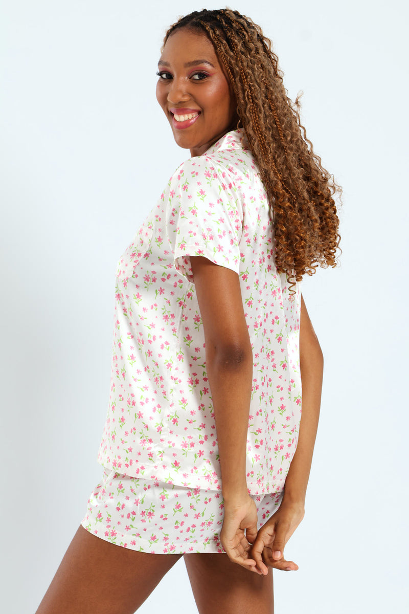 Satin Ditsy Button Through & Short Set - White