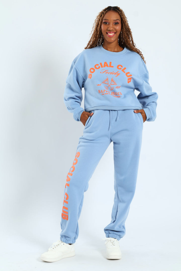 Printed Crew Fleece Top - Light Blue