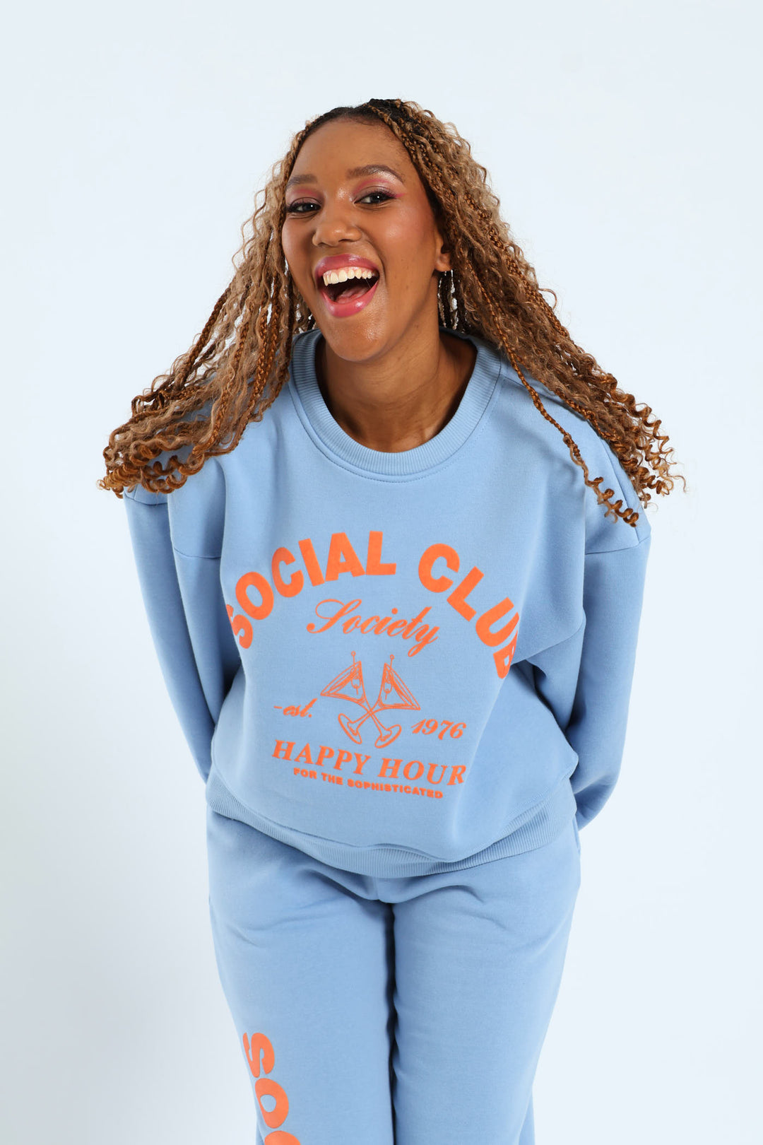 Printed Crew Fleece Top - Light Blue