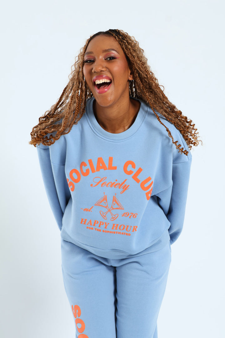 Printed Crew Fleece Top - Light Blue