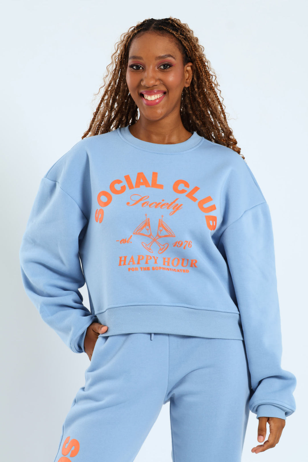 Printed Crew Fleece Top - Light Blue