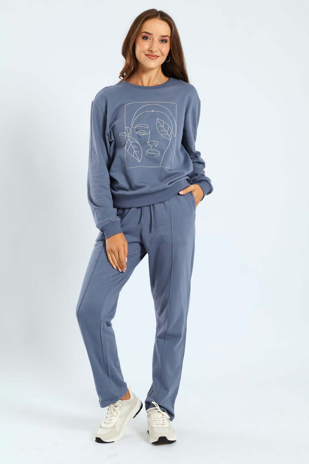 Embroidered Face Outline Pullover - Smokey Blue