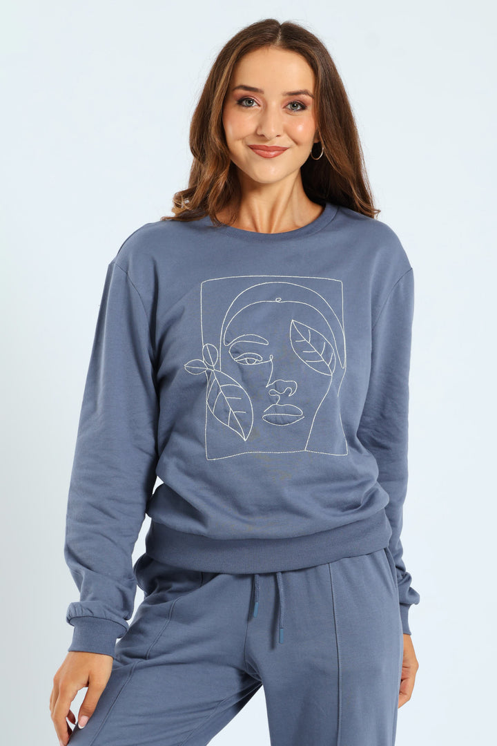 Embroidered Face Outline Pullover - Smokey Blue