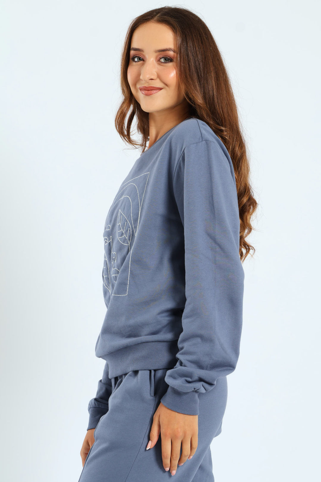 Embroidered Face Outline Pullover - Smokey Blue