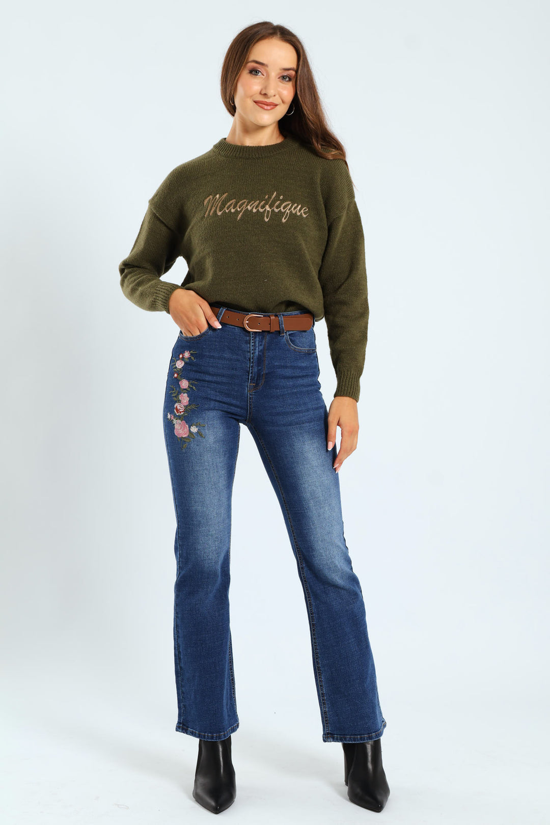 Floral Embroidered Bootleg Belted Jean - Medium Wash