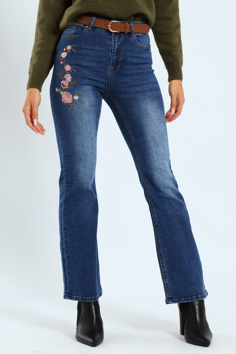 Floral Embroidered Bootleg Belted Jean - Medium Wash