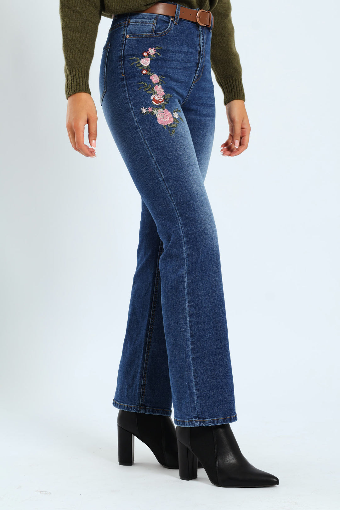 Floral Embroidered Bootleg Belted Jean - Medium Wash