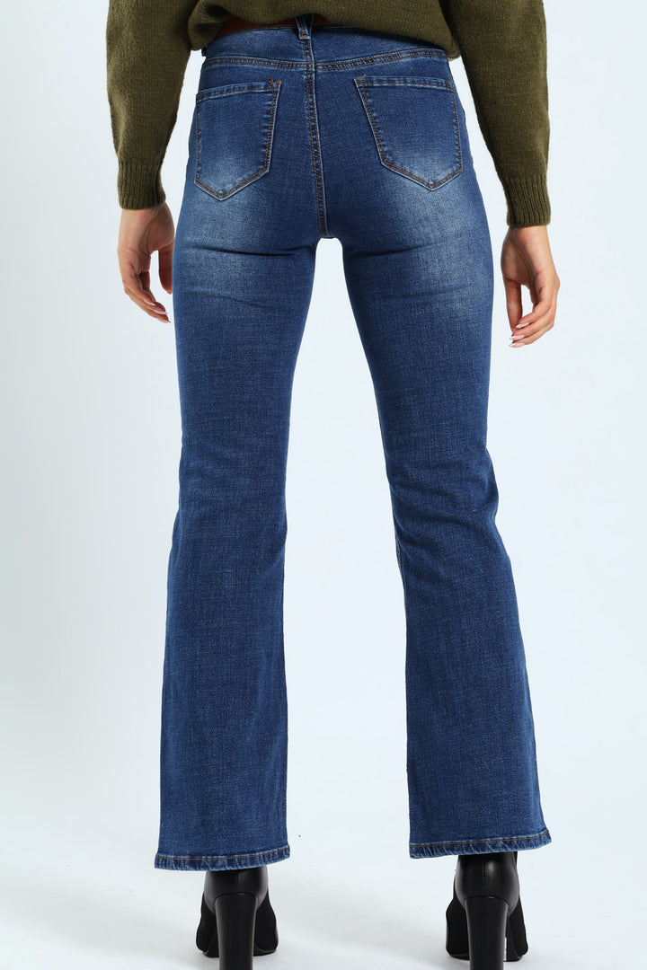 Floral Embroidered Bootleg Belted Jean - Medium Wash