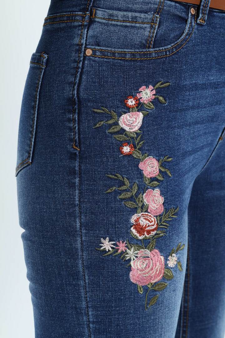 Floral Embroidered Bootleg Belted Jean - Medium Wash