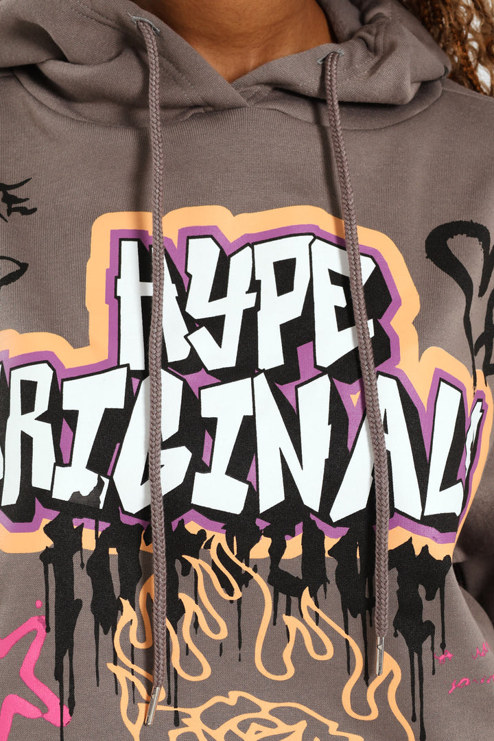 Graphic Printed Oversized Hoody - Charcoal