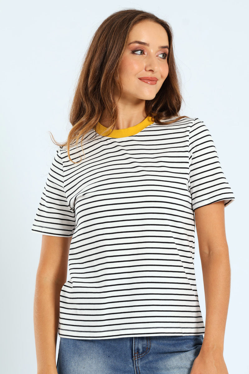 Boxy Skinny Stripe Tee With Contrast Rib Detail - Black/White