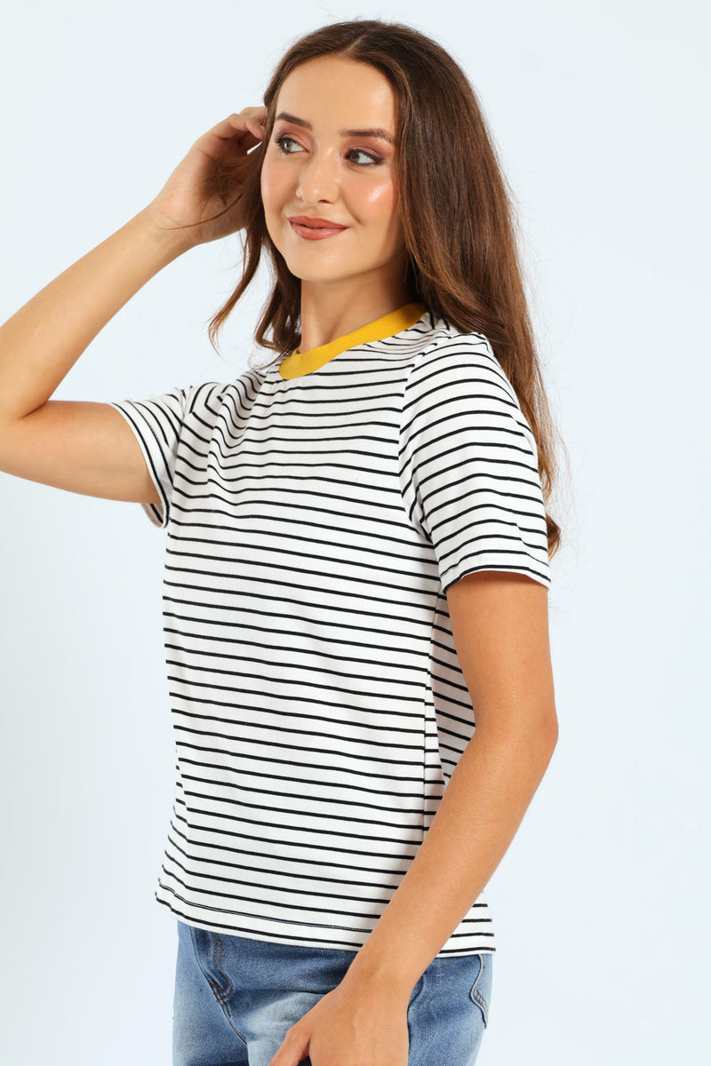 Boxy Skinny Stripe Tee With Contrast Rib Detail - Black/White