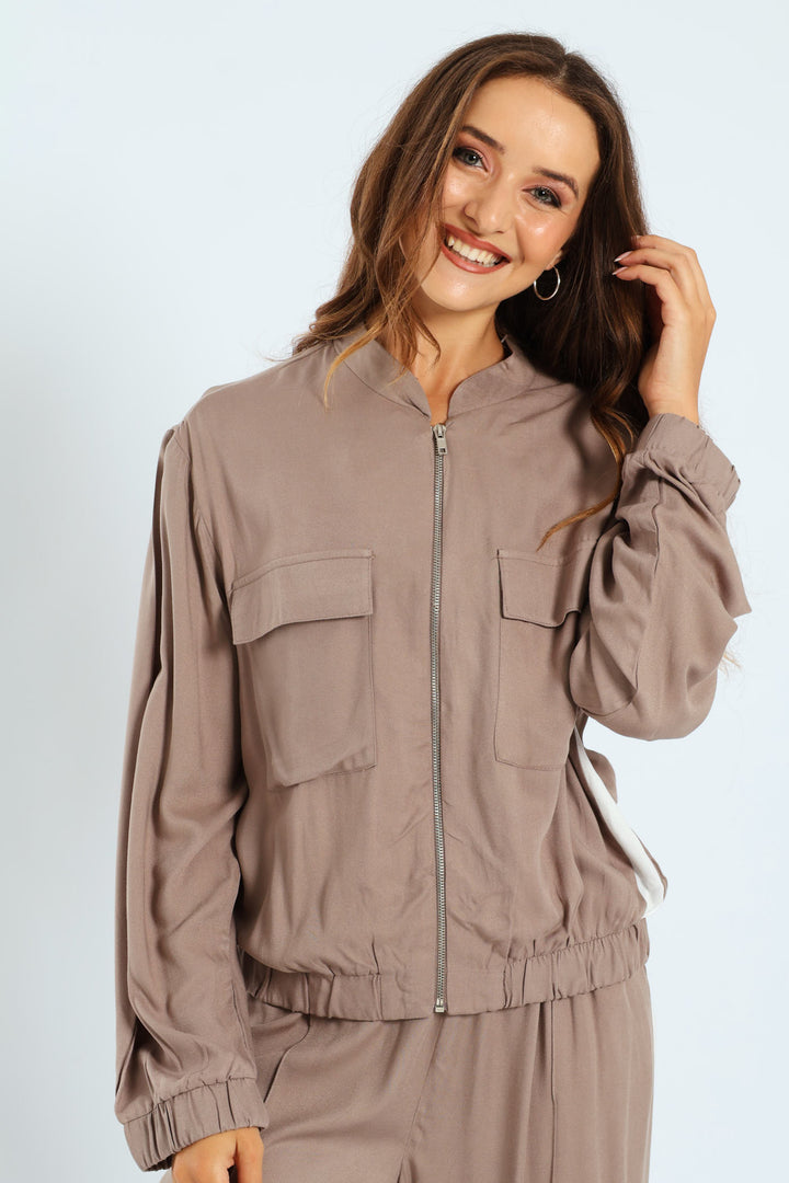 Utility Pocket Bomber With Sportstripe - Taupe