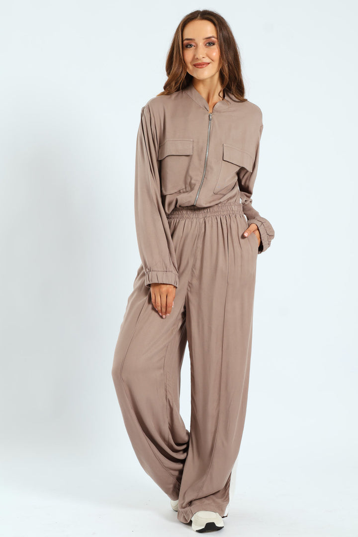 Sportstripe & Pintuck Pull-On Wideleg Pants - Taupe