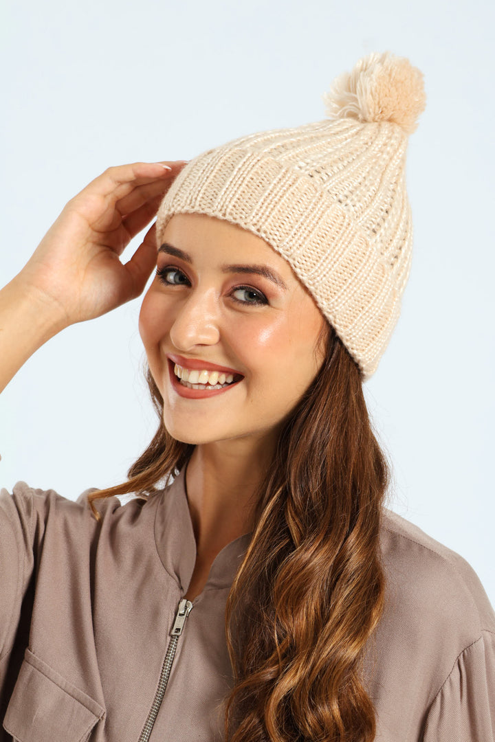 Knitted Turn Up Yarn Pompom Beanie - Cream