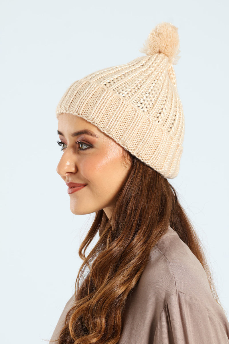 Knitted Turn Up Yarn Pompom Beanie - Cream