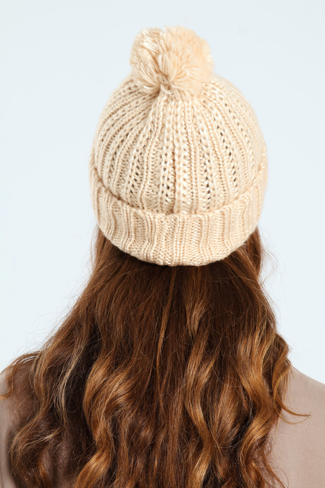 Knitted Turn Up Yarn Pompom Beanie - Cream