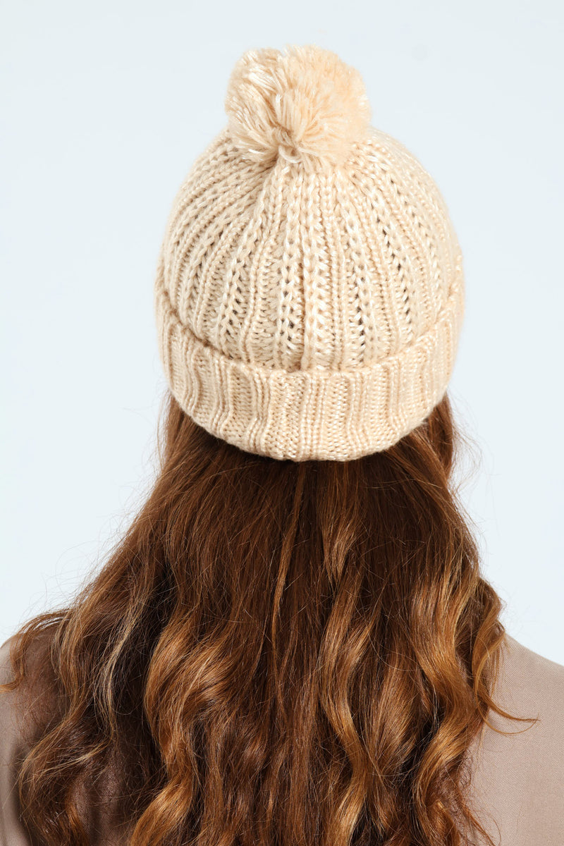 Knitted Turn Up Yarn Pompom Beanie - Cream