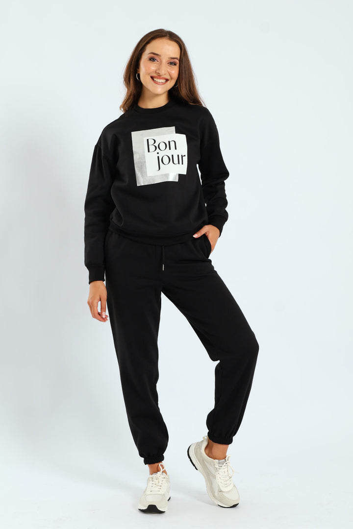 Long Sleeve Printed Screen Pullover - Black