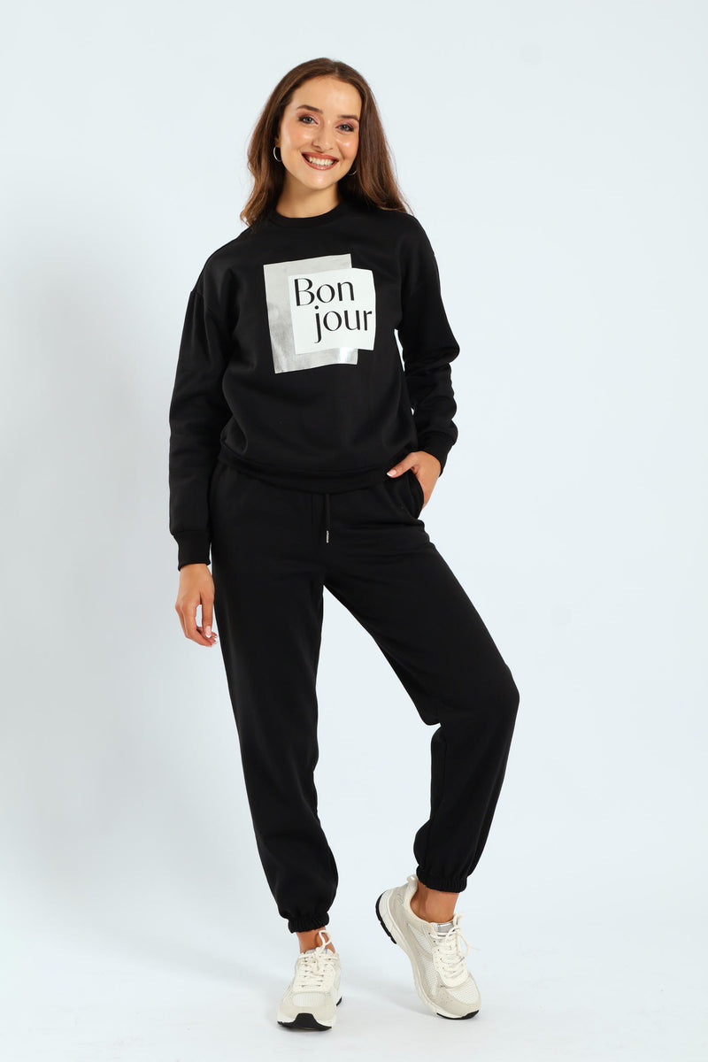 Long Sleeve Printed Screen Pullover - Black
